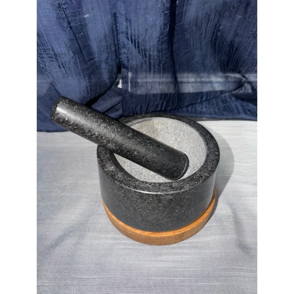 Waldwerk Mortar &‎ Pestle Set Medium, Dark Gray Granite With Wood Base
